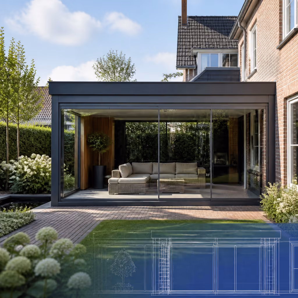Veranda hero met technische bouwtekening